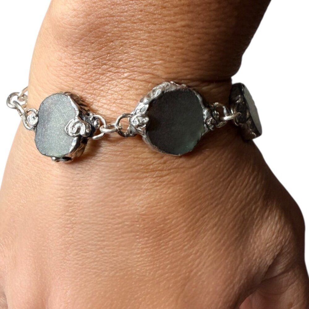 Sea Glass & Silver Blend Artisan Crafted Hammered Bracelet With Unique Findings - Picture 7 of 14